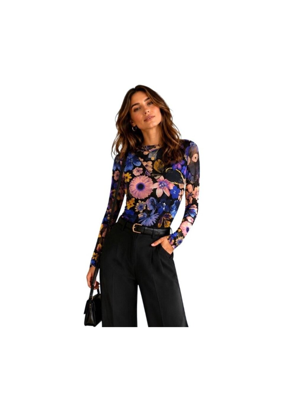 Fuzzi long sleeve floral mesh top size L
